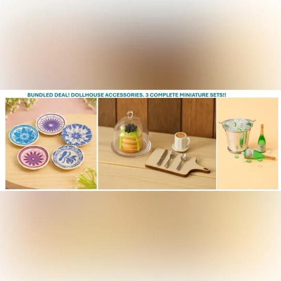 Dollhouse Miniature Kitchen & Dining Bundle Plates, Pancakes & Coffee, Champagne - Picture 2 of 11